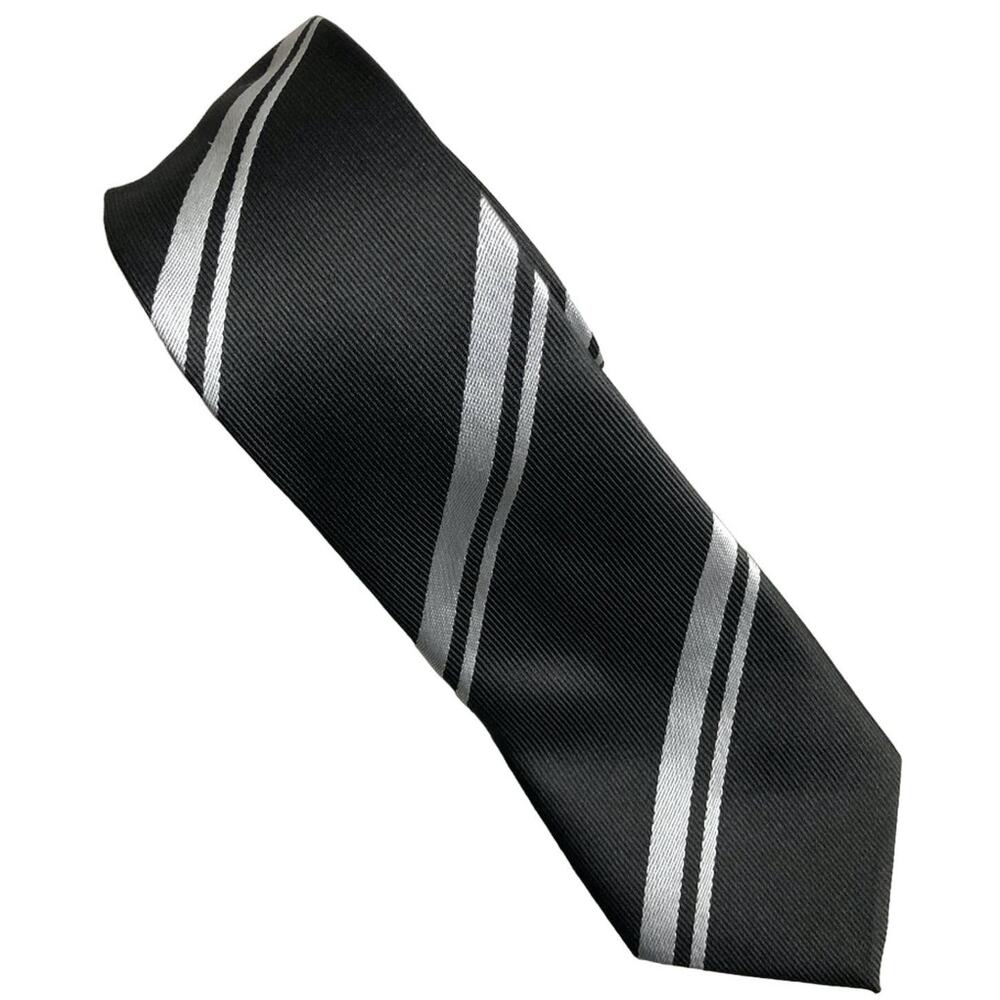 Sovereign Code Black Silver Striped Classic Polyester Skinny Slim Work Neck Tie